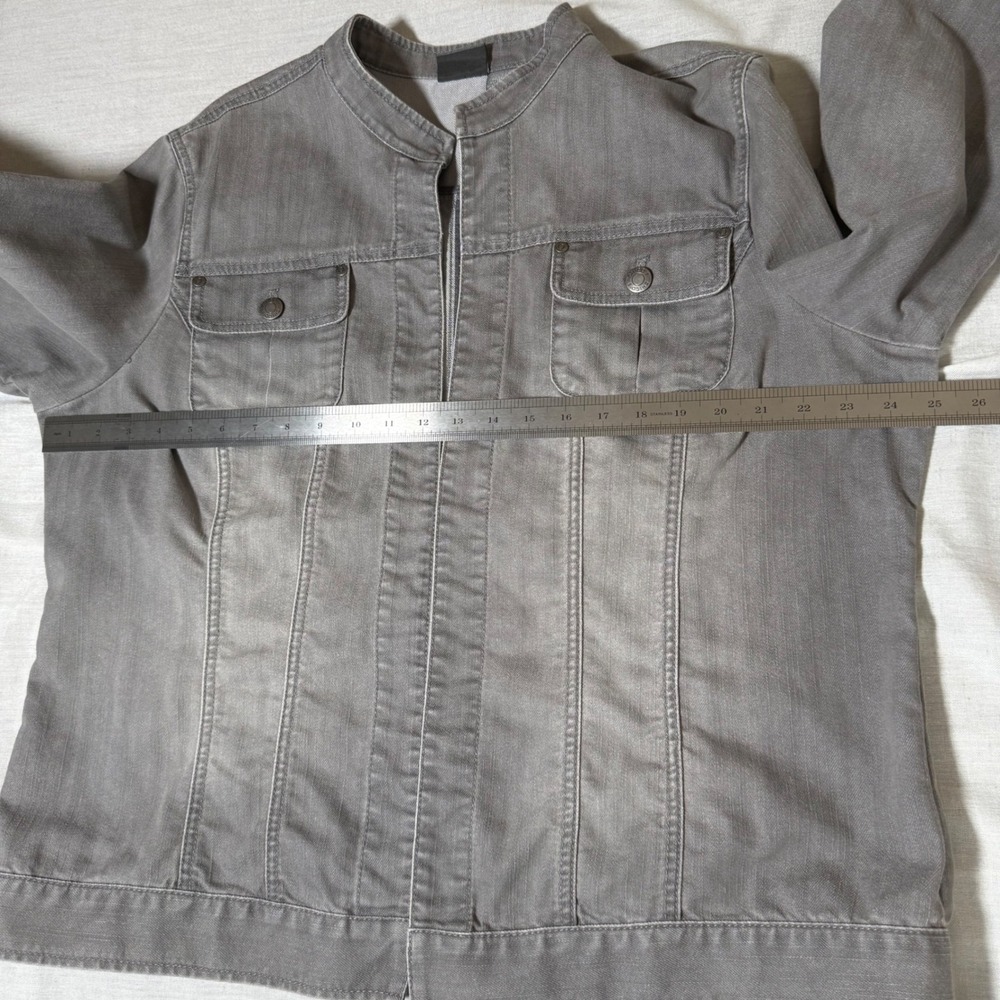 Chicos Additions Gray Denim Jacket Collarless 3/4 Sleeve Size 3 XL Open Front - Picture 7 of 10